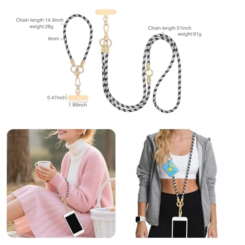 ABJFJE Crystal Phone Lanyard Crossbody & Wrist Strap Phone Strap Crossbody & Wrist Lanyard Anti Theft Phone Strap for Women - color: Black + White