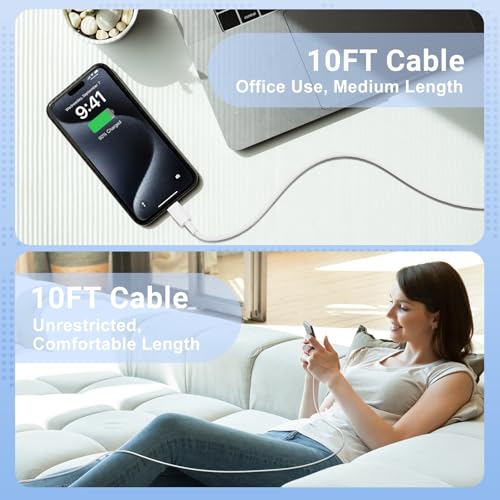 10FT USBC Charging Cord for iPhone 17 16 15 Pro Max Plus, 60W Charger Cable