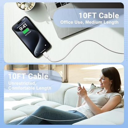 10FT USBC Charging Cord for iPhone 17 16 15 Pro Max Plus, 60W Charger Cable