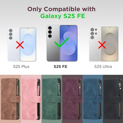 for Samsung Galaxy S25-FE-Wallet Case: with RFID Blocking Card Slots (6 Cards) | Soft PU Leather Magnetic Snap Zipper Pocket | Crossbody Wrist Strap Protective Phone Cover - Brown - color: A Brown, size: Galaxy S25 FE（6.7‘’）