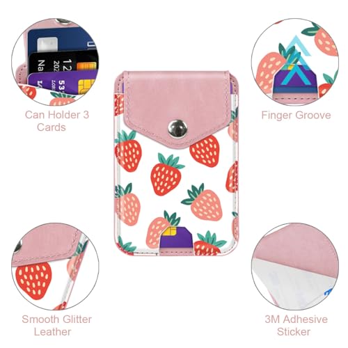 Self Adhesive Card Holders for Back of Phone, Leather RFID Phone Wallet Pockets with Snap, Card Holders Sleeve for Phone Case, Strawberry - color: Strawberry Pattern