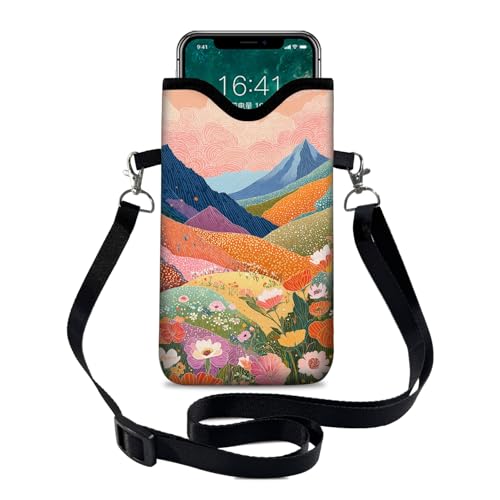 Neoprene Cell Phone Sleeve Pouch Case Bag with Crossbody Strap Neck Lanyard for Women 7.1 X 3.9 in Colorful Mountains - color: Colorful Mountains