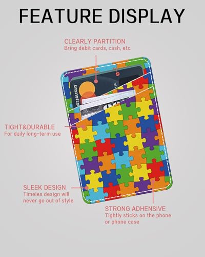Phone Card Holder, Dual Pocket Leather Phone Wallet Adhesive Stick On, Cute Card Holder, Credit Card Holder for Phone Case Colorful Puzzles - color: Colorful Puzzles