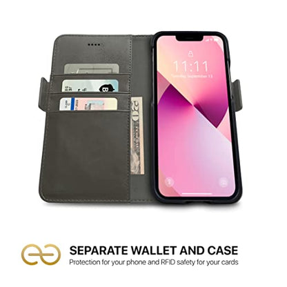 Dreem Vegan Leather Magnetic Detachable Wallet Case for iPhone 13 Grey | Built-in Phone Stand, RFID Blocking Card Holder Flip Cover, MagSafe Compatible, Gift Box [Fibonacci: Grey] - color: Grey, size: iPhone 13