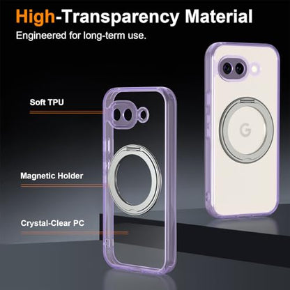 Magnetic Case for Google Pixel 10a Phone 2026 with Rotating Stand, Slim Non-Yellowing Transparent Clear Shockproof Cover with Wireless Charging (Purple) - color: Purple, size: Pixel 10a