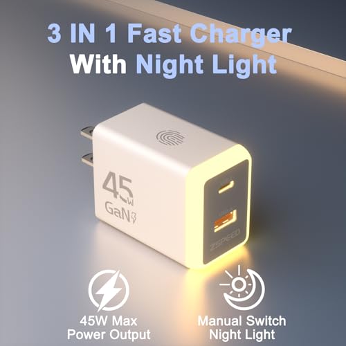 45W USB C Charger Block,USB C Travel Wall Charger with Night Light(Touch Switch),GaN 2 Port Fast Charging for iPhone 17/17 Pro/17 Pro Max/16/15/14/13/12,iPad,Samsung Galaxy S25 S24 S23