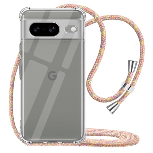Clear Case for Google Pixel 8 Neck Cord Adjustable Crossbody Strap Phone Case for Women Transparent Soft TPU Anti Scratch Shockproof Protective Cover for Google Pixel 8 - Rainbow Yellow - size: Google Pixel 8
