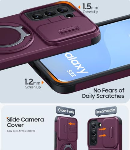 JAME for Samsung Galaxy S22 Case with Ring Stand & Slide Camera Cover - color: Dark Cherry, size: Galaxy S22