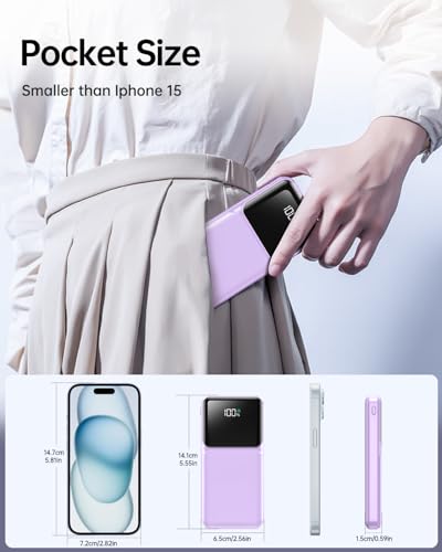 Portable Charger with Built in Cable - 22.5W Power Bank Fast Charging USB C LED Display 10000mAh Travel Battery Pack 5 Outputs & 3 Inputs for iPhone Samsung Android iPad Phones Tablets etc Purple - color: Purple