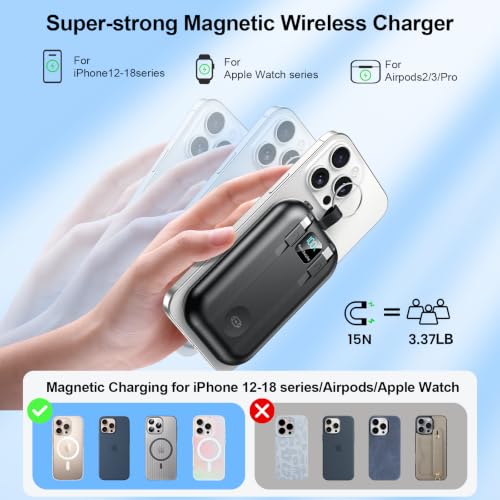 Magnetic Portable Charger 10000mAh Wireless Power Bank with Built-in Cables - color: Black