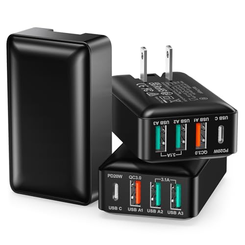 USB C Wall Charger 40W, 4Port USB Charging Block Flat Foladable Wall Plug - color: Black