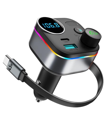 Bluetooth 5.4 FM Transmitter, 72W Car Charger with 45W Retractable USB-C PD