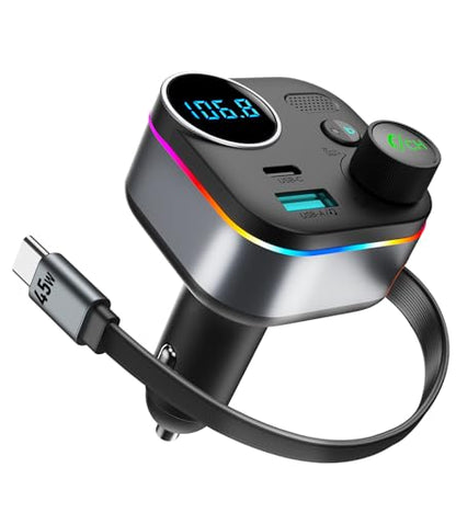 Bluetooth 5.4 FM Transmitter, 72W Car Charger with 45W Retractable USB-C PD