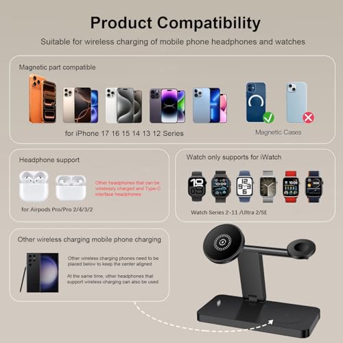 25W Magnetic Wireless Charging Stand 4 in 1 Wireless Charging Station for Mag-Safe,iPhone 17 Pro Max/17 Air/16 Pro/16 Plus/15/14/13/12 mini,AirPod Pro,Apple Watch