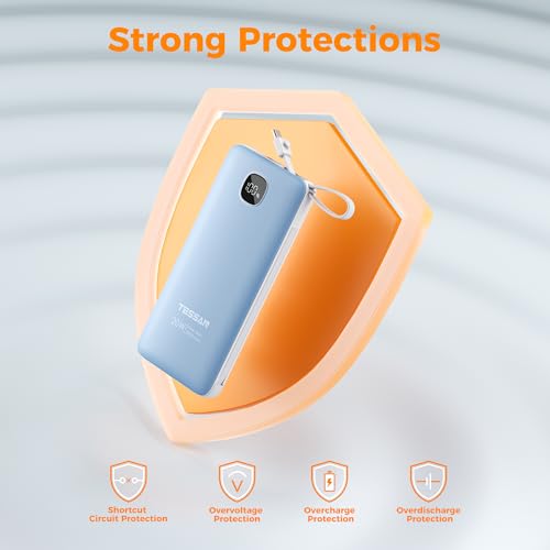 TESSAN Portable Charger with Built in Cables, 10000mAh Power Bank Wall Plug - color: Blue