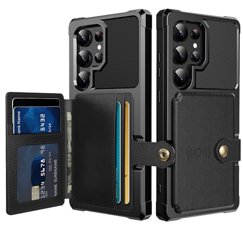 for Samsung Galaxy S24 Ultra Case with Card Holder, Compatible with Magnetic Car Mount, Heavy Duty Shockproof Rugged Soft TPU Back Leather Flip Wallet Cover 6.8 inch, Black | Compatible with Magnetic Car Mount, Shockproof Rugged Soft TPU Hard Back Leather