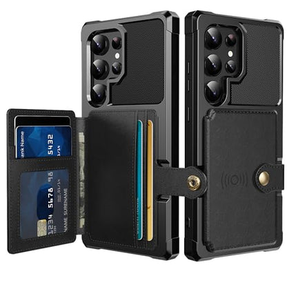 for Samsung Galaxy S24 Ultra Case with Card Holder, Compatible with Magnetic Car Mount, Heavy Duty Shockproof Rugged Soft TPU Back Leather Flip Wallet Cover 6.8 inch, Black | Compatible with Magnetic Car Mount, Shockproof Rugged Soft TPU Hard Back Leather