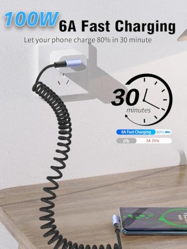 YACSEJAO 90 Degree Coiled USB C to USB C Braided Charging Cable - style: Side to Side Angle