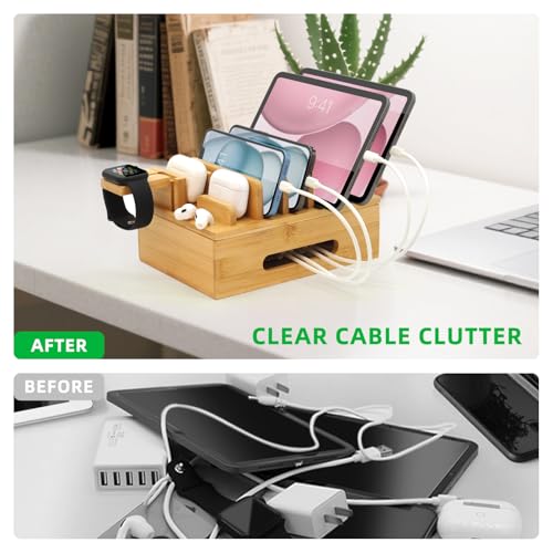Bamboo Charging Station with Watch Stand, Desktop Charging Station Organizer, Wood Docking Station for Phones, Tablets, Watch, Earbuds (No Power Supply)