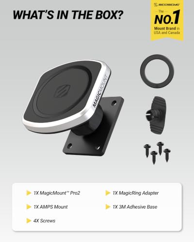 Scosche MagicMount Pro2 Magnetic Phone Holder for Car, MagSafe Car Mount, Includes Dashboard & AMPS Adapters, Magnetic Cell Phone Car Mount for iPhone, Compatible with Samsung & Android