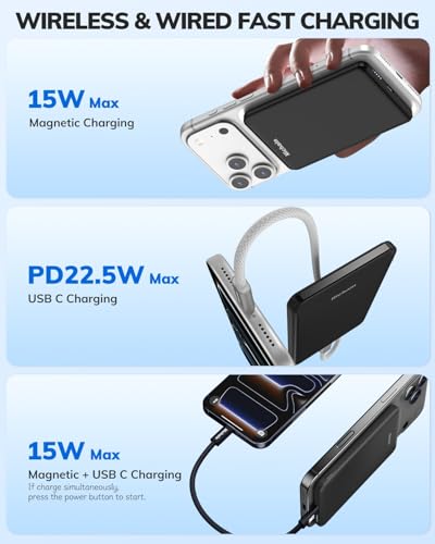 Hichain Magnetic Portable Charger, 5000mAh Wireless Magnetic Power Bank for iPhone 17-12 Series, Magnetic Battery Pack Safe Charging with 60W USB C Charging Cable - Black - color: Black