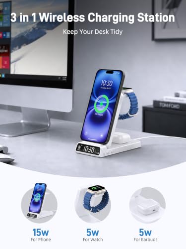 3 in 1 Charging Station for Apple, Travel Wireless Charger with Clock - color: white
