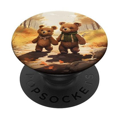 Teddy Bears Walking in Autumn Forest Holding Hands PopSockets Adhesive PopGrip - style: Adhesive PopGrip