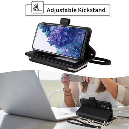 Wallet Case for Samsung Galaxy S20 FE 5G 6.5 inch with Wrist Strap, 9+ Card Slots Zipper Purse, Luxury PU Leather Stand Phone Cover for S 20 EF UW S20FE5G S20FE 20S S2O Fan Edition 4G G5 Black | Wrist/Shoulder Strap, 9+ Card Slots, Luxury PU Leather Phone