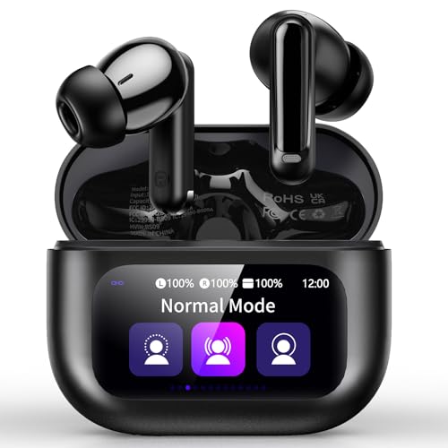 Thunelec Wireless Earbuds, Bluetooth 5.4 Headphones with Multifunctional Touch Screen, 48H Bass Stereo Ear Buds with ANC/ENC Noise Cancelling/Transparency Mode, IPX7 Earphones with 5 EQ Modes, Black