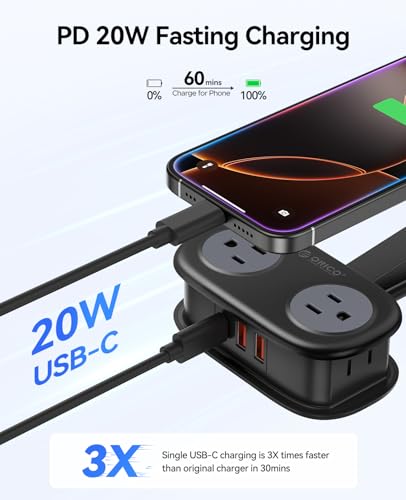ORICO Travel Power Strip PD20W with 4 AC Outlets 3 USB Ports (1 USB-C) - color: Black