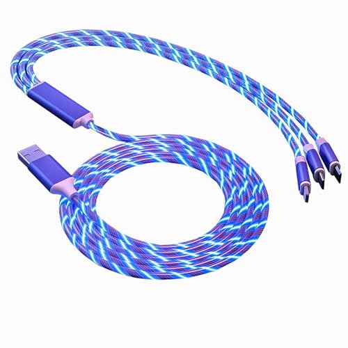3-in-1 Multi Charging Cable, USB-A to iOS Compatible USB-C Micro-USB, 43 Inch Fast Charging Cord with Blue and Purple LED Light, Nylon Braided Cable