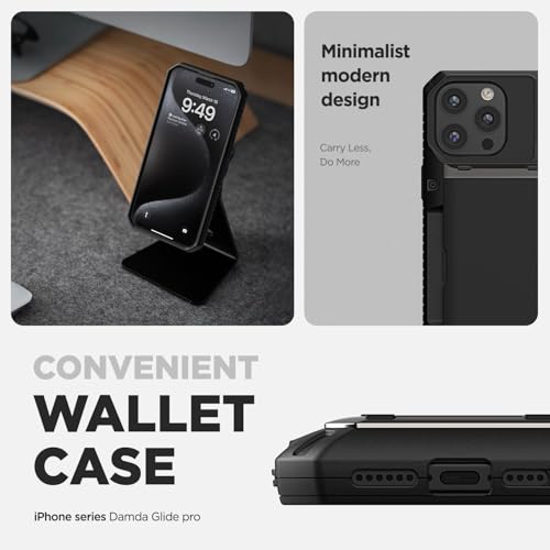VRS DESIGN Damda Glide Pro Phone Case Designed for [iPhone 15 Pro], Sturdy Semi Auto Wallet [4 Cards] Card Holder Case Compatible with iPhone 15 Pro (2023) Logo Black - color: Matte Black, size: iPhone 15 Pro