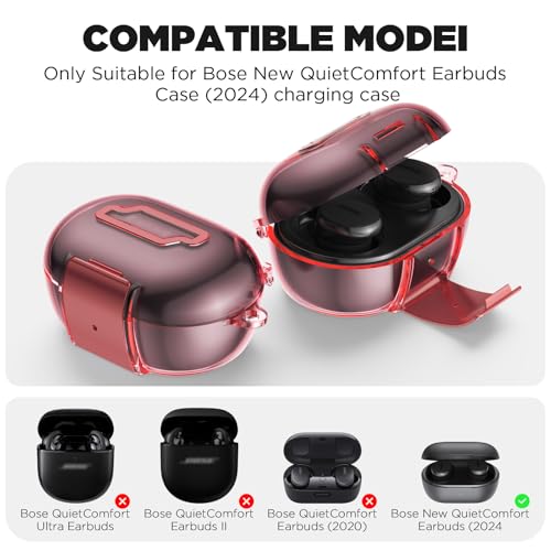 for Bose New QuietComfort Earbuds Case (2024), TPU Protective Cover with Phone Holder Stand & Double Safety Lock, Supports Wireless Charging, Includes Carabiner and Cleaning Pen (Transparent Pink) - color: Transparent Pink