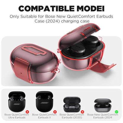 for Bose New QuietComfort Earbuds Case (2024), TPU Protective Cover with Phone Holder Stand & Double Safety Lock, Supports Wireless Charging, Includes Carabiner and Cleaning Pen (Transparent Pink) - color: Transparent Pink