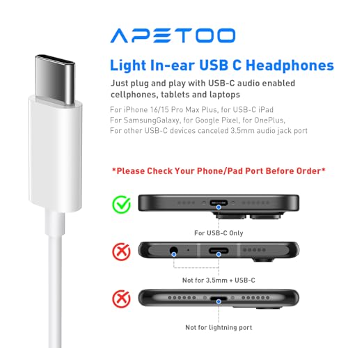 USB C Headphones Magnetic Wired Earbuds with Mic Volume Control 4ft White - color: White
