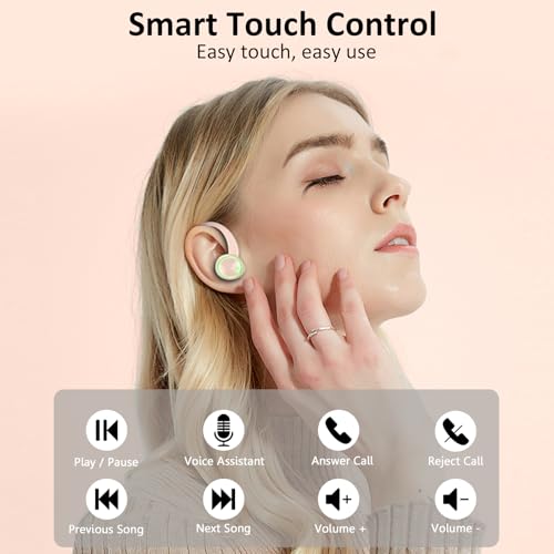 Matast Wireless Earbuds, Bluetooth 5.4 Headphones Sports, 50H Playback Over-Ear Buds with ENC Noise Cancelling Mic, HiFi Stereo Fitness Earphones with Earhooks, IP7 Waterproof Headset - color: light pink