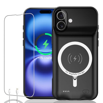 Battery Case for iPhone 16, Upgraded 10000mAh Ultra-Slim Rechargeable Portable Extended Battery Pack Support Qi Wireless Charging Case Compatible with iPhone 16 (6.1 inch) Charger Case Cover(Black) - size: iPhone 16 (6.1 inch)