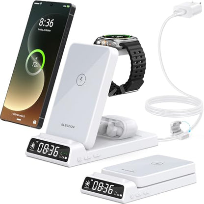 Wireless Charger for Samsung S25 with Clock 3 in1 Foldable Charging Station - color: White