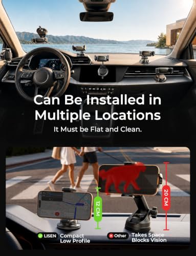 LISEN Suction Phone Mount for Car, [Ultra Suction & Less Fuss] Car Phone Holder Mount Vacuum Dashboard Phone Holder, Car Cell Phone Holder for iPhone 18 Pro Max 17 16 15 Air with Case Galaxy S26 S25 - color: Black