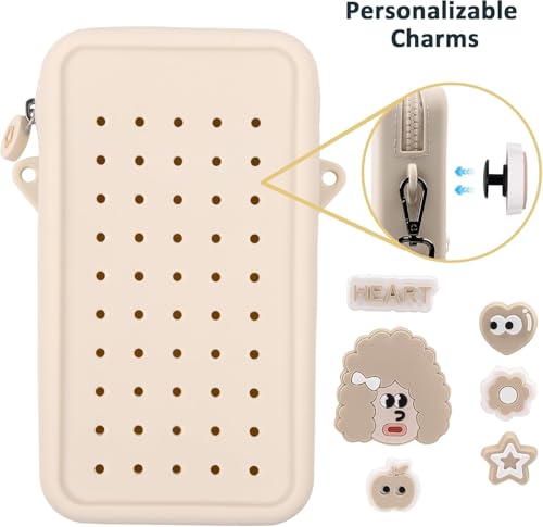 Silicone Crossbody Bag for Women, DIY Charm Compatible Perforated Hole Design, Compact Waterproof Lightweight Phone Purse with Adjustable Strap for Daily Use (Beige) - color: Beige