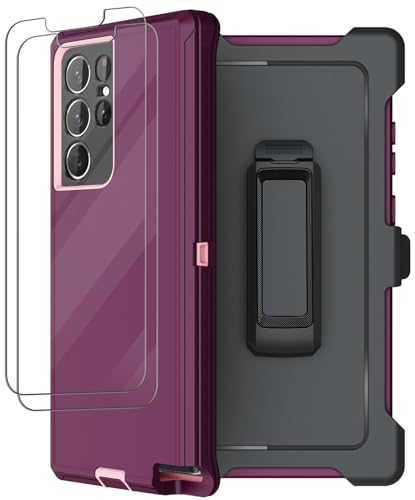for Samsung Galaxy S22 Ultra Case with Belt Clip Holster, 2X Screen Protector, Military Grade Protection Heavy Duty Full Body Shockproof Rugged Protective Cover for Samsung S22 Ultra 5G Wine - color: Wine