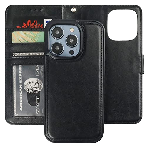 Bocasal Detachable Wallet Case Card Holder for iPhone 14 Pro, Black | RFID Blocking Kickstand Card Slots Holder PU Leather Magnetic Shockproof Wrist Strap Removable Flip Protective Cover 6.1 inch - color: Black