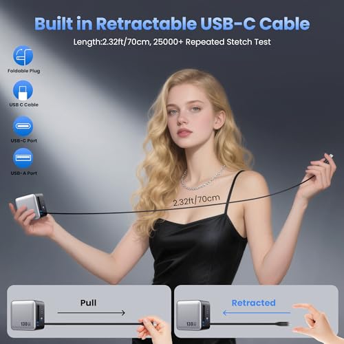 130W USB C Wall Charger,GaN III 3-Port Fast Charging Station,PD QC Foldable Charger Block Portable 65W USB C Laptop Adapter for MacBook Pro/Air,iPad Pro,Galaxy S23,Dell XPS,iPhone 16