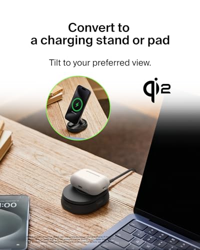 Belkin Qi2 15W Magnetic Wireless Charging Stand, Convertible Fast - color: Black, style: Power Supply Included