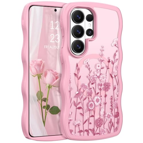 GUAGUA for Samsung Galaxy S26 Ultra Case, Magnetic Cases Cute Flower Pattern Wavy Edge Full Camera Protection Anti-Slip Bumper Women Girls Boys Slim Protective Phone Case for Galaxy S26 Ultra, Pink - color: Pink, size: for Samsung S26 Ultra