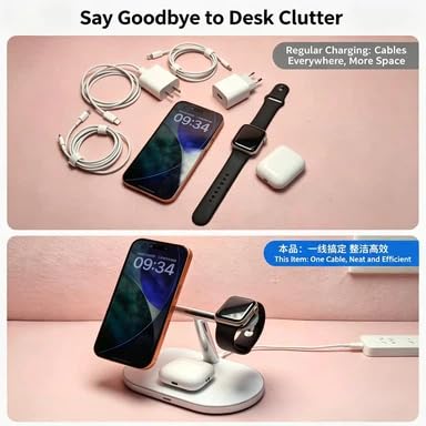 3 in 1 Magnetic Wireless Charger Station, Fast Charging Stand with & Cable, Multi-Angle Adjustable Wireless Charging Dock Desktop Organizer for Bedroom Office (Black) - color: Black