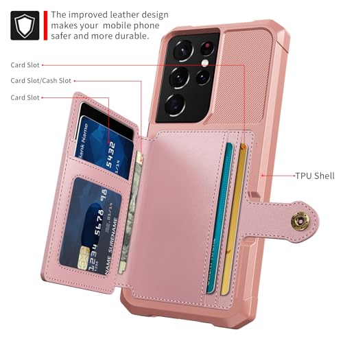 Wallet Case for Samsung Galaxy S21 Ultra, Compatible with Magnetic Car Mount, Heavy Duty Shockproof Rugged Soft TPU Back Leather Flip Credit Card Holder Cover 6.8 inch, Pink - color: Pink, size: Samsung Galaxy S21 Ultra