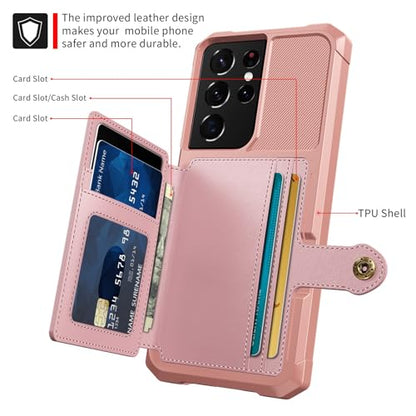Wallet Case for Samsung Galaxy S21 Ultra, Compatible with Magnetic Car Mount, Heavy Duty Shockproof Rugged Soft TPU Back Leather Flip Credit Card Holder Cover 6.8 inch, Pink - color: Pink, size: Samsung Galaxy S21 Ultra