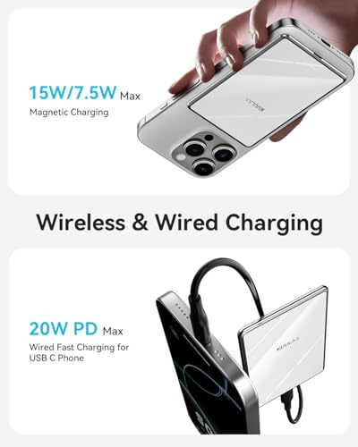 Kuulaa Power Bank Ultra Slim, 0.28 in MagSafe PowerBank 5000 mAh, PD20W Small Power Bank, Magnetic Wireless External Mobile Phone Batteries for iPhone 16 Pro/15/14/13/12 Series (White) - color: White