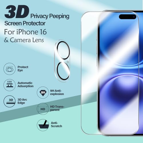 BIGFACE for iPhone 16 Screen Protector + Camera Lens Protectors, [2 + 2 Pack] Premium HD Tempered Glass, Anti-Bubble 3D Curved Accuracy Film For iPhone 16(6.1 Inch) - size: iPhone 16(6.1")